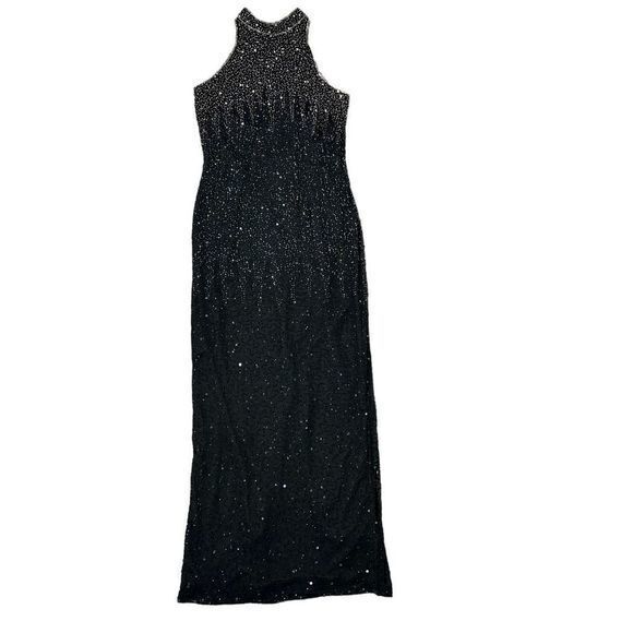 Stenay Beaded Silk Gown Vintage Sparkly Black Silver Maxi Dress Formal size  8